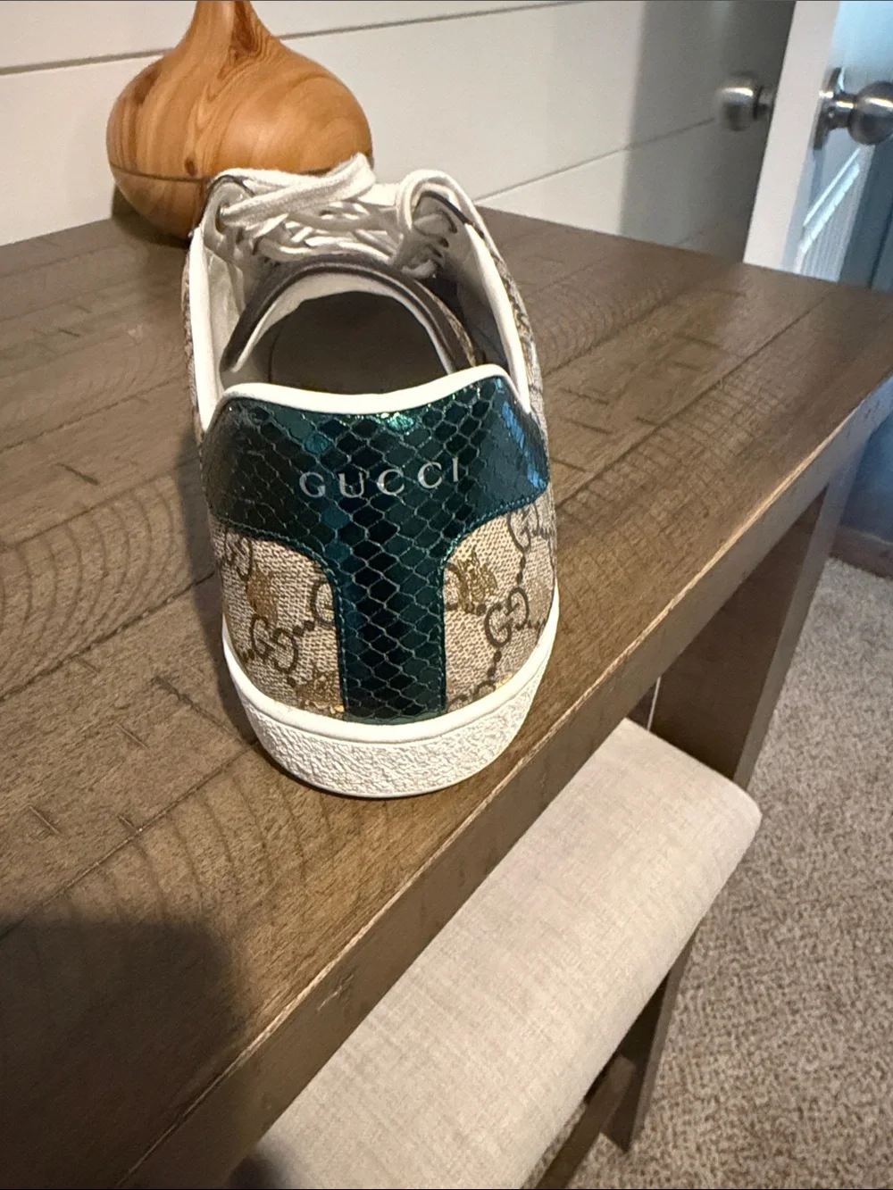 Gucci Beige Monogram Sneaker with Red/Green Web Stripe